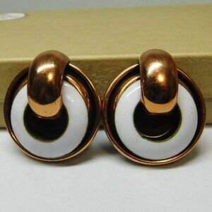 Matisse - Vintage Copper & White Enamel Round Modernist Clip On Earrings